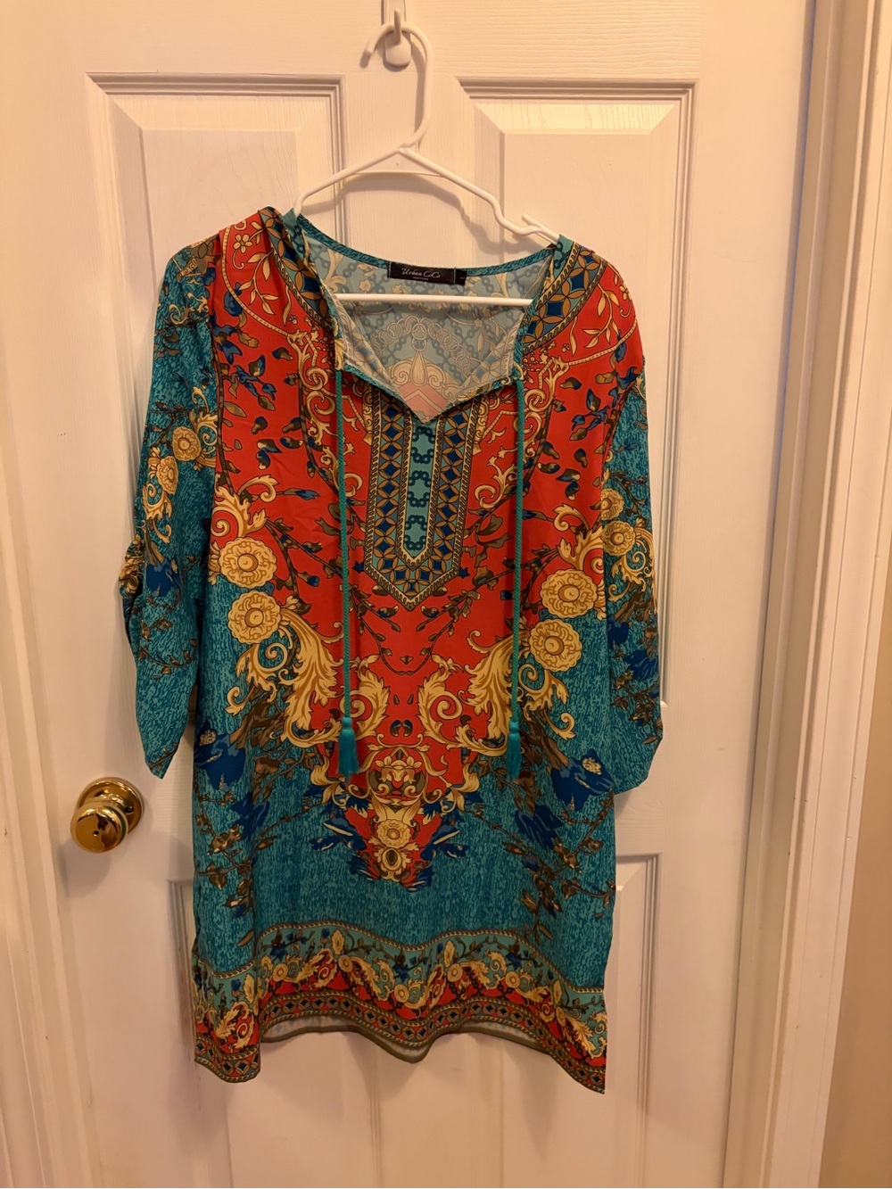Boho V-Neck Mini Dress in Teal and Coral